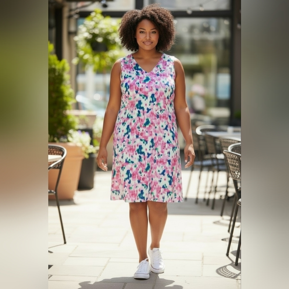 New York & Company Pink, Blue and White Watercolor V‑Neck Midi Dress